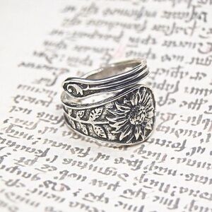Silver Spoon Ring with Sunflower Design